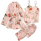 AFFGEQA Dreiteiliges Pyjama-Set für Damen Satin-Pyjama Blumendruck Leibchenhose elastisch unsichtbare Hose für Sport und Figurnahe Kleidung