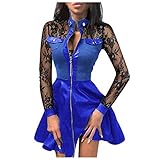 CEFGR Damen Spitzenkleid Elegant Minikleid Elegant A Linie Brautkleid Hohe Taille Netz Kleid Festliches Kleid Einfarbig Faltenkleid Sexy Shortkleid (Blau, M)