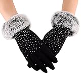 Geilisungren Damen Dressy Handschuhe Kunstpelzbesatz Manschette Thermofutterhandschuhe Warmes Fleece Dickere Touchscreen Handschuhe Outdoor Radsport Sport Winterhandschuhe (# Schwarz)