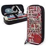 AOOEDM Rote elektronische Platine Prozessor Chips Leder Federmäppchen Tasche,Große Kapazität Durable Reißverschluss Stift Tasche Box für Jungen Mädchen Kinder,Bleistifttasche Aufbewahrung Make-up