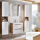 Lomadox Badmöbel KOmplett Set, Hochglanz weiß mit Wotaneiche, 60cm Keramik-Waschtisch & LED-Spiegelschrank & 2 Hochschränk
