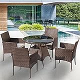 DreamMespace Gartenmöbel-Set mit 4 Stühlen, Rattan, 5-teilig, rund, für den Außenbereich, Terrasse, Wintergarten, Stahlrahmen, Esstisch mit Glasplatte, 4 Stühlen, B