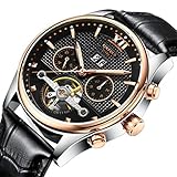 JTTM Herren Uhren,Automatikuhr Mechanische Skelett Glasboden Römische Zahlen Zifferblatt Wasserdicht Schwarz Männer Armbanduhr,Schw