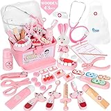 Vanplay Arztkoffer Kinder Holz Rosa Medizinische Kit Mit Arztkittel und Stethoskop für Kinder Junge Mädchen über 3 Jahre (43Stk)