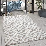 Paco Home Wohnzimmer-Teppich, Glänzender Kurzflor Mit Rauten-Muster, In Beige Creme, Grösse:80x300