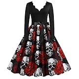 Generic Damen Kleider Halloween Kostüm Kürbis Muster 1950er Jahre Hausfrau Rundhals Langarm Lässig Halloween Print Kleid Party Abendkleid Cosplay Karneval F