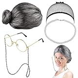 EMAGEREN Old Lady Kostüm Großmutter Cosplay Zubehör Set Oma Perücke Perücke Kappe Oma Brille Brillen Ketten Armband Perlenkette, Alte Dame Cosplay Set Kostümzubehör (5 Stück)