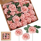 50 Stücke Künstlich Schaum Rose Blumen Vintage Gefälscht Rosen DIY Blumensträuße Boutonnieres mit Blättern und Stielen für Hochzeit Braut Shower Bankett Mittelstücke (Rosa)