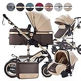 Daliya Bambimo 3in1 Kinderwagen Kombikinderwagen Riesenset 15-Teilig incl. Babywanne, Buggy, Babyschale mit Fußsack, Alu-Rahmen, Voll-Gummireifen, Wickeltasche, Kindertisch - Braun G