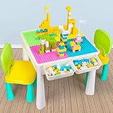 AMOSTING Farbige Kindertisch mit Stühle, Höhenverstellbarer Kinder Tisch Stuhl Set mit 100 Stück Bausteine Multifunktionaler Spieltisch Kinder zum Spielen, Essen, Lernen, Lagern, Sand M