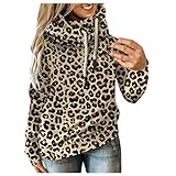 Frauen Casual Leopard Farbblock Hoodies Sweatshirt Langarm Herbst Kapuzenpullover Fleece Sherpa Hoodie Flauschiger Pullover, khaki, 46