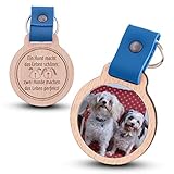 Wogenfels - Schlüsselanhänger aus Holz mit kratzfestem Foto und Gravur Hunde Machen das Leben schöner (blaues Lederband)