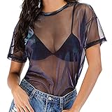 XPuing Damen Sexy Hollow Mesh Sheer Durchsichtig Kurzarm Tops Tee Transparent Bluse T-Shirt (lila-blau, XL)