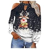 OverDose Damen Oberteile Mode Casual Blusen Neckholder Schulterfrei Sexy T-Shirts Weihnachtsdruck Tops Lange Ärmel Tunika Merry Christmas Sweatshirts Xmas Long