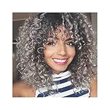 Synthetische Perücken for Frauen Kurze verworrene lockige Perücke mit Pony-Frisur Ombre Grau Hitzebeständige Faser Naturhaar (Color : Grau, Size : 40cm)