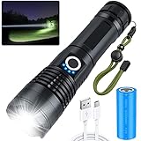 Taschenlampe Led 8000 Lumen, LED Taschenlampe Extrem Hell 26650 Akku USB Aufladbar mit 5 Lichtmodi, IP55 Wasserdicht Zoombar Taktische Taschenlampe, Lange Laufzeit Camping Lampen die Jagd (Schwarz)