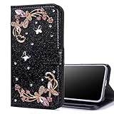 Nadoli Leder Hülle für Galaxy J3 2017,Luxus Bling Glitzer Diamant 3D Handyhülle im Brieftasche-Stil Schmetterling Blumen Flip Schutzhülle Etui für Samsung Galaxy J3 2017,Schw