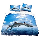 WYZPA Bettwäsche Delfin, Dolphin Bettbezug, 3D Bettset, 3-teiliger Komfortabler Bettbezug Dolphin Kleintier Reißverschluss Bettwäsche-Set mit 2 Kissenbezügen 80x80cm,C-200x220cm/79x87