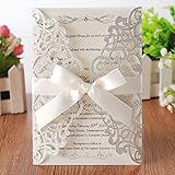 Hosmsua 20x Silber Hochzeit EinladungsKarten Für Lasercut Elegante Blume Spitze Glückwunsch Einladung Karten , 20 Stück inkl Umschläge (Silberfarbener Glitzer)