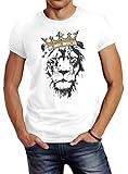 Neverless Herren T-Shirt König der Tiere Löwen-Kopf mit Krone Slim Fit weiß XL