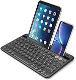 Bluetooth Tastatur, Dual-Mode Wiederaufladbare kabellose Tastatur mit Halterung, Ultradünne QWERTZ Bluetooth Keyboard für Tablet, Handy, PC, Laptop, Smart TV(Schwarz)