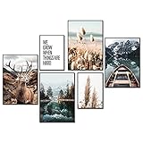 YLXQJIN Premium Poster Set Natur | Moderne Poster Set | Natur- Bilder | 6er Set Stilvolle Wandbilder | 4X DIN A4 und 2X DIN A5 | Grün, Natur, Hirsch, Bergsee -ohne B