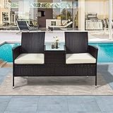 TETHYSUN Polyrattan Gartenbank Monaco Schwarz, 2-Sitzer Bank mit Integriertem Tisch und Kissen Wetterfest Gartensofa, Garten Möbel 2 Sitzer Schwarz für Garten, Balk