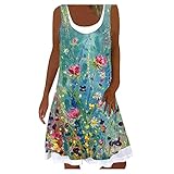 XWANG Sommerkleid Damen V-Ausschnitt Spitze Druck Strandkleid A-Linie Kleid Boho Knielang Kleider Ärmellos Kurzarm T-S