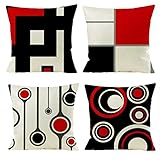 Gspirit 4er Set Kissenbezug Dekorative Dekokissen Kissenhülle Modern Schwarz Rot Geometrisch Muster Baumwolle Leinen Werfen Sie Kissenbezüge 45x45