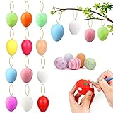 XUNKE Bunte Ostereier Deko Ostereier, 12 pcs Ostern Kunststoff Deko Eier Bunt Plastikeier Dekoration, Aufhängen Eier Mit Seil, Ostern Basteln Bemalen Für Dekoration Und Geschenk