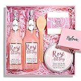 Geschenkset Frauen, Beauty Geschenke für Frauen, Spa Korb mit Rose, Spa Damen Geschenkset mit Schaumbad, Badesalz, Seife, Salzpeeling, Löffel. Wellness set für frauen, 5 tlg