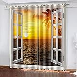 JJBWZX Vorhang Blickdicht Gardinen Schlafzimmer Wohnzimmer Verdunkelungsvorhang 3D Sonnenuntergang Auf Dem Balkon Am Strand Druck Muster Verdunklungs Vorhänge Mit Ösen Thermogardine 235X230 cm 2E