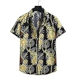 asga Strickjacke Rollkragen Blumenhemd Strand Kurzarm Herren Hemd Hawaii Männer Hemden Leichte Hemden, Schwarz , XXL