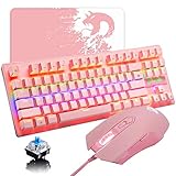 Hoopond Wired Gaming Keyboard Mausset, Mini 87 Tasten Mechanische Kompakttastatur mit blauem Schalter, 8 Rainbow Backlit, 29 Tasten Anti-Ghosting + 7 programmierbare Pink Gaming Mouse + schön Mausp