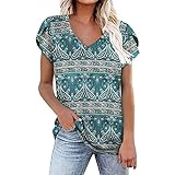 Sommer Damen Kurzarm V-Ausschnitt Blumenblatt Bedruckte Hemden Top Lässige Lockere Bequeme Hemden T-Shirt Bluse Damen Lang