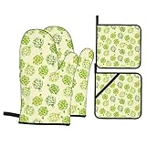 Artischocken-Gemüseskizzen-Druck,Ofenhandschuhe und Topflappen-Sets,4pcs Hitzebeständigkeit Wasserdicht Handschuhe Pads für Küche Kochen Backen BBQ