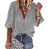 NPRODLO Chiffon Seide Crop Shirts für Damen Sommer Übergröße Fledermausärmel mit Reißverschluss Tiefer V-Ausschnitt Lockere Passform Bluse Tunika Tops Frauen Einfarbig Lässig Bauchfreies T-Shirt H