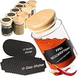 G&K Kitchenware ® Gewürzgläser Set Rund (10 Stück) Gewürzdosen 120ml Mit Bambusdeckel Und Beschriftungs - Etiketten (Aufbewahrungsgläser Für ALLE Gewürze)