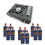 Rsonic Schwarz Camping Gaskocher mit Aluminium kochfeld + 12x Butan gas kartuschen ★ Black camping gas stove geeignet für für Garten, Terrasse, Picknick, Ersatz Ofen bei Stromausfall, Camping usw. (1x, Schwarz Gaskocher (Alu) + 12x Gaskartuschen)