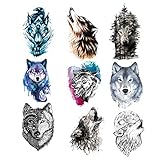 9 Blätter Wolf Tattoo für Frauen Männer, Lot Wolf Tattoo Aufkleber für Frauen Männer Mode Body Art Erwachsene Wasserdichte Hand Gefälschte Tätowierung (21 * 15 cm)