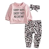 Bowanadacles Mädchen 3-teiliges Kleidung Set Langärmliges Sweatshirt mit einfarbigem Buchstabendruck Lange Hose mit elastischem Bund mit Leoparden- oder Blumendruck + Stirnband (Rosa, 12-18 Monate)