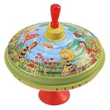 Lena tin Toys 52230 - Brummkreisel Biene Maja Ø 19 cm, Metall Schwungkreisel aus Blech, klassischer Pumpkreisel, Blechkreisel mit Maya Motiv, Kreisel mit Standfuss, Spielzeugkreisel für Kinder 18M+