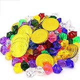 50pcs Pirat Münzen + 100pcs Piraten Edelsteine, Mehrfarbige Goldmünzen des Piratenschatz Spielzeugs und Piraten Schmucksteine Set für Kinder Piratenparty Mitgeb