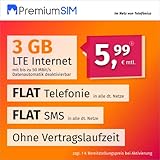 PremiumSIM Handyvertrag LTE S - ohne Vertragslaufzeit (Flat Internet 3 GB LTE mit max 50 MBit/s mit deaktiverbarer Datenautomatik, Flat Telefonie, Flat SMS und EU-Ausland, 5,99 Euro/Monat)