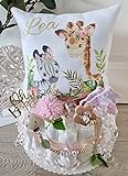 Windeltorte mit Name - Kuschelkissen Giraffe & Zebra I Schnullerkette & Greifling - Geschenk, Babyparty, Geburt oder Taufe + auf Wunsch, gratis Grußk