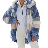 EMATOP Damen Kapuzenjacke Teddy Fleece Plüschjacke Farbblock Winterjacke Warm Mantel Casuale Zip Hoodie Cardigan Outwear Plüsch Verdickt Jacke Elegant Softshelljacke Große Größe Fleecejack