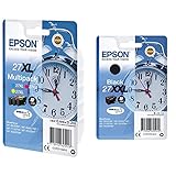 Epson Original 27XL Tinte Wecker (WF-3620DWF WF-3640DTWF WF-7110DTW WF-7210DTW WF-7610DWF WF-7620DTWF) Multipack 3-farbig & C13T27914022 Schwarz Original 27XXL Tintenpatronen Pack of 1