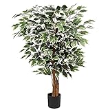 Briful Künstliche Pflanze Groß Kunstbaum Ficus Benjamini Kunstpflanze Baum mit Echtholzstamm Ideal für die Innendekoration Grün Weiß