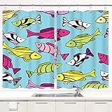 Küchenvorhänge,Muster mit kleinen Fischen auf blauem Hi,Fensterbehandlungssets mit Metallhaken Fenstervorhänge 2 Panels Sets für Home Cafe Decor 55 'X 39'