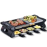 CUSIMAX Raclette Grill 8 Personen mit Steinplatte und Grillplatte Antihaftbeschichtung, Raclette 8 Personen mit Mini-Käsepfanne für Indoor Grillgut, Stufenlos einstellbare Temperatur, 1200W, Schw